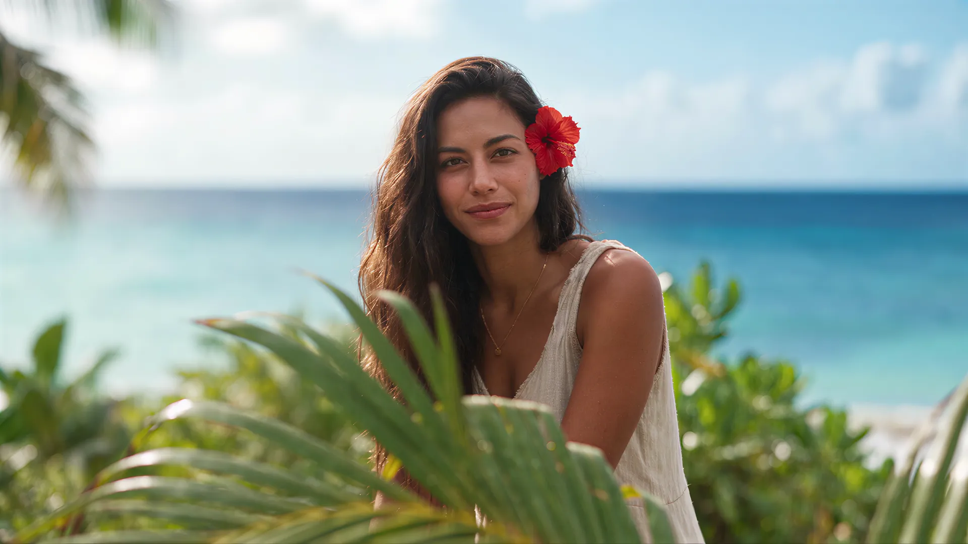 Smiling woman with a hibiscus flower on a Maui beach